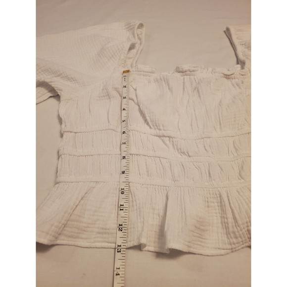 Slub Cotton White Cropped Peasant Top Balloon Sleeve Sz L - Picture 6 of 6